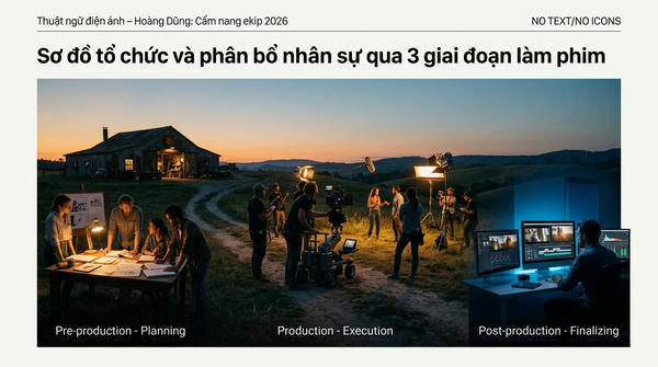 Sơ đồ tổ chức và phân bổ nhân sự qua 3 giai đoạn làm phim